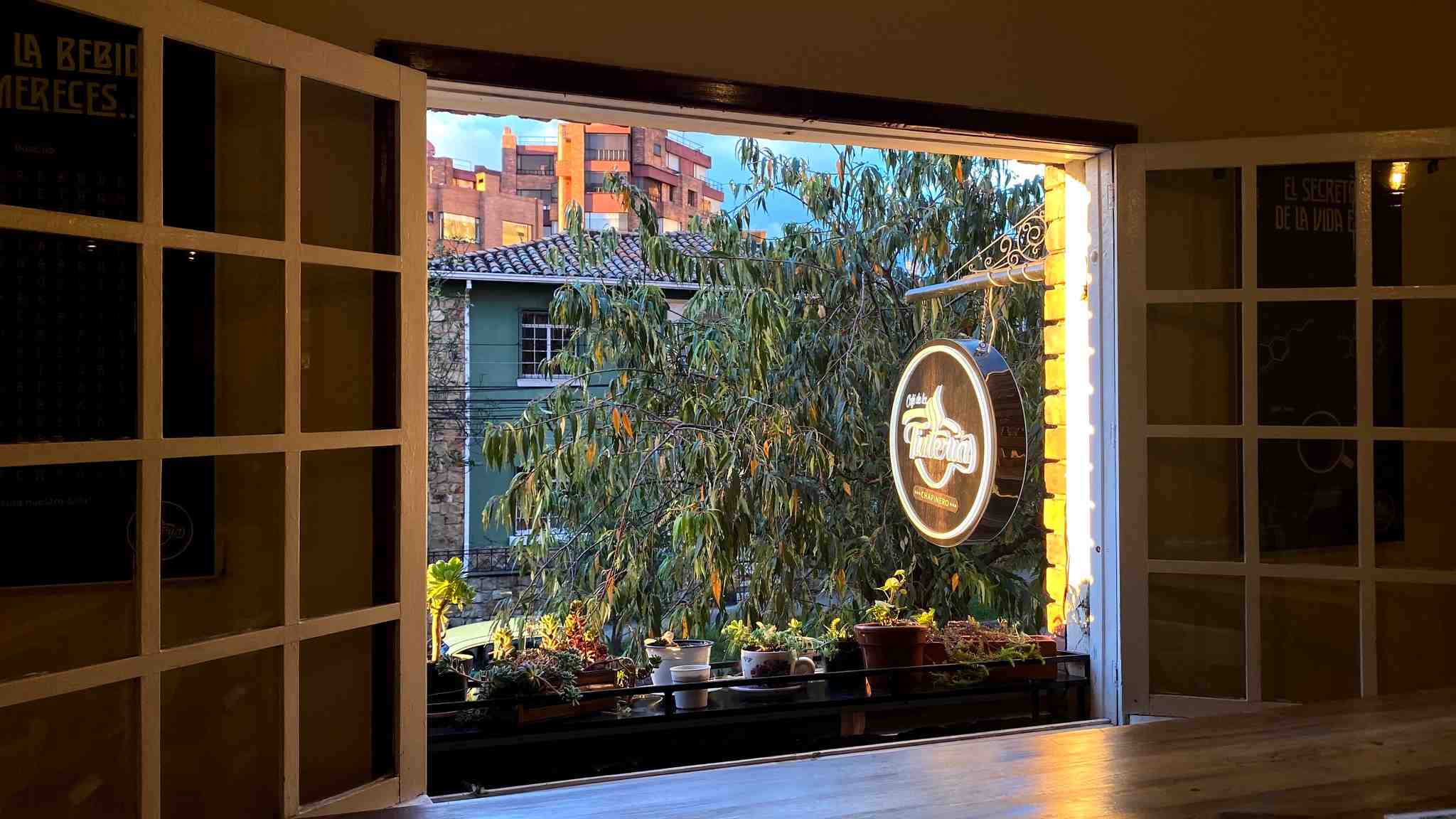  De día una ventana abierta hacia la calle en la que se ven unos árboles, un edificio al fondo y un letrero con letras borrosas
